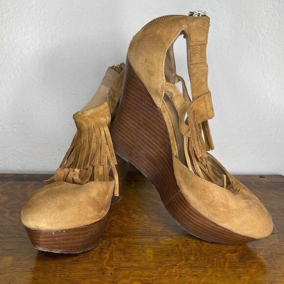 Elaine Turner Suede Wedge Heels Fringe - Picture 7 of 9